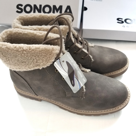 NEW Faux Suede Sherling Booties Neutral Lace up Low - Picture 2 of 6